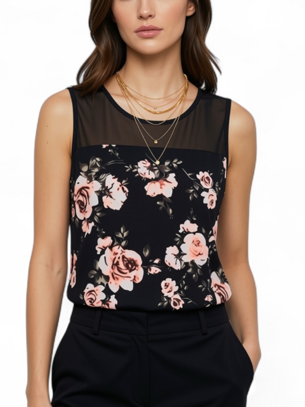 Floral Mesh Yoke Sleeveless Top - Black with Pink Roses